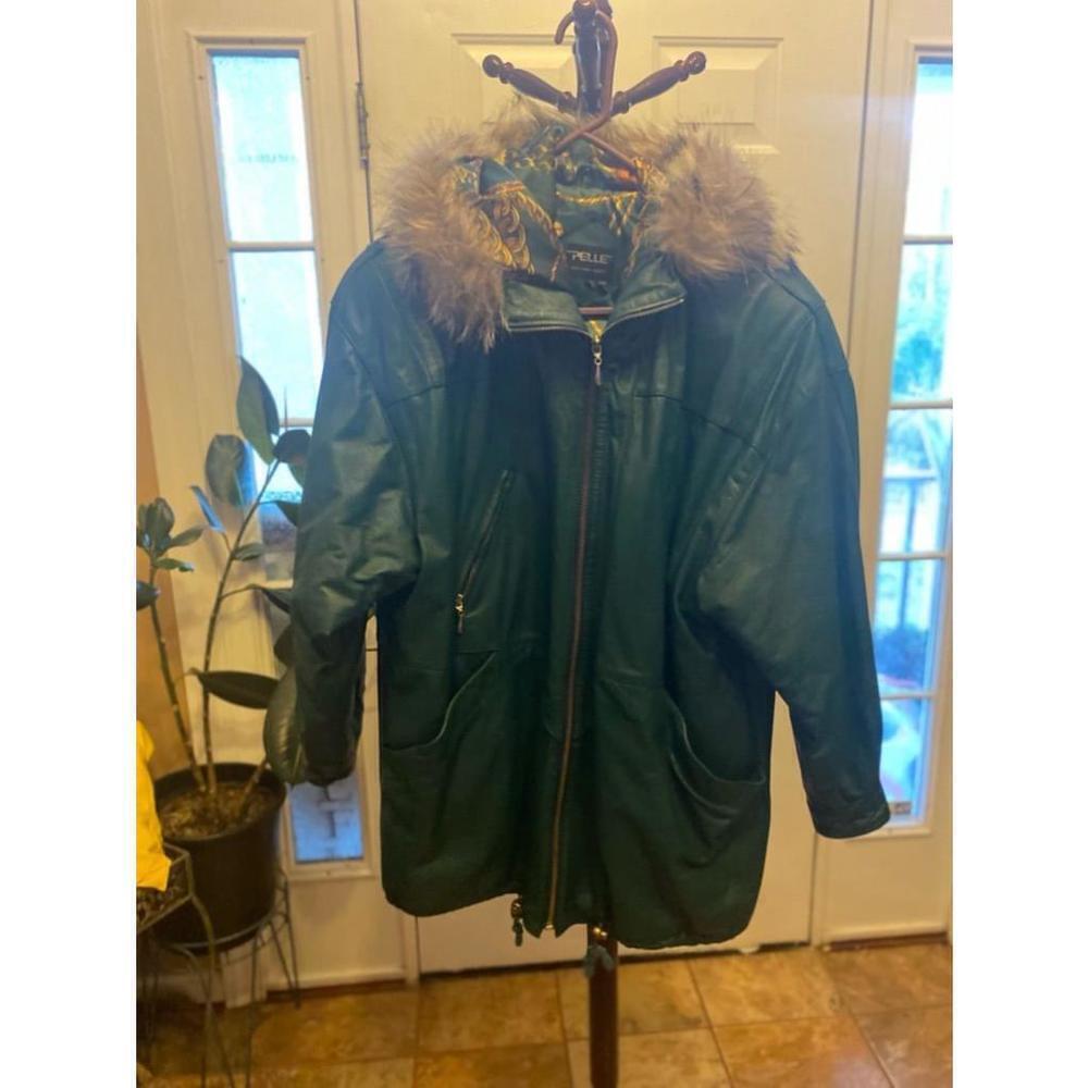 Women's Pelle Green Leather Fur Trim Hooded Jacket Size S
